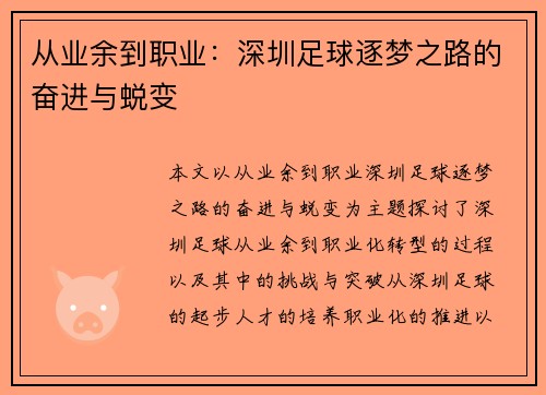 从业余到职业：深圳足球逐梦之路的奋进与蜕变